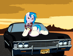 Size: 6600x5100 | Tagged: safe, artist:desmond-some, dj pon-3, vinyl scratch, pony, unicorn, g4, absurd resolution, car, chevrolet, chevrolet impala, clothes, female, looking at you, outdoors, shirt, smiling, solo, supernatural, wrong eye color