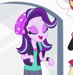 Size: 492x508 | Tagged: safe, screencap, starlight glimmer, sunset shimmer, equestria girls, equestria girls specials, g4, my little pony equestria girls: mirror magic, animated, beanie, female, hat, humans doing horse things, shrug, solo