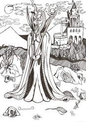 Size: 1632x2336 | Tagged: safe, artist:witkacy1994, queen chrysalis, changeling, changeling queen, anthro, g4, bone, crossover, female, heroes of might and magic, heroes of might and magic 3, monochrome, necropolis, skull, solo, traditional art