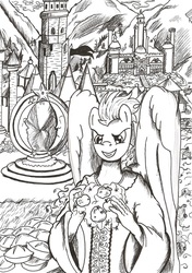 Size: 1644x2336 | Tagged: safe, artist:witkacy1994, soarin', pegasus, anthro, g4, apple, conflux, crossover, food, heroes of might and magic, heroes of might and magic 3, magic, male, monochrome, pie, solo, traditional art