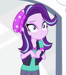Size: 754x851 | Tagged: safe, screencap, starlight glimmer, equestria girls, equestria girls specials, g4, my little pony equestria girls: mirror magic, beanie, cropped, female, hat, humans doing horse things, solo