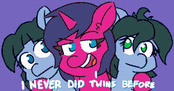 Size: 2000x1050 | Tagged: safe, artist:threetwotwo32232, oc, oc only, oc:abstract module, oc:fizzy pop, oc:reflect decrypt, earth pony, pony, unicorn, animated, dialogue, female, gif, implied incest, implied sex, incest, lesbian, mare, twincest, twins