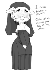 Size: 691x941 | Tagged: safe, artist:whydomenhavenipples, oc, oc only, pony, bipedal, blindfold, bushy brows, clothes, eldritch abomination, female, grayscale, imminent disaster, imminent rape, imminent sex, it's a trap, mare, monochrome, nun, nun outfit, simple background, solo, thick eyebrows, this will end in rape, white background