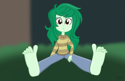 Size: 2007x1297 | Tagged: safe, artist:grapefruitface1, wallflower blush, equestria girls, equestria girls series, forgotten friendship, g4, barefoot, feet, female, fetish, foot fetish, foot focus, grass, implied sex, looking at you, night, requested art, show accurate, soles, solo, spread legs, spreading, tree, wiggling, wiggling toes