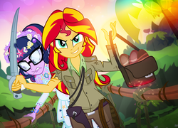 Size: 1000x720 | Tagged: safe, artist:pixelkitties, sci-twi, sunset shimmer, twilight sparkle, equestria girls, g4, >:d, bag, bridge, clothes, duo, evil smile, grin, gun, holster, indiana jones, indiana jones and the temple of doom, injured, looking at you, pants, purse, rope bridge, sable, safari jacket, sankara stones, shirt, smiling, smirk, sword, weapon, whip