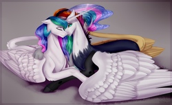 Size: 2560x1569 | Tagged: safe, artist:ststayss, princess celestia, oc, oc:myrilith, alicorn, pony, g4, canon x oc, celith, duo, female, leonine tail, male, mare, nuzzling, prone, straight