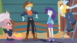 Size: 1366x768 | Tagged: safe, screencap, candyberry, ceramic dust, rarity, tex glitter, human, equestria girls, equestria girls specials, g4, my little pony equestria girls: better together, my little pony equestria girls: rollercoaster of friendship, background human, cowboy, faic, female, geode of shielding, male, nervous, rarisnap, rarity peplum dress