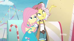 Size: 1366x768 | Tagged: safe, screencap, fluttershy, vignette valencia, equestria girls, equestria girls specials, g4, my little pony equestria girls: better together, my little pony equestria girls: rollercoaster of friendship, armpits, discovery family logo, duo, duo female, female, geode of fauna, magical geodes