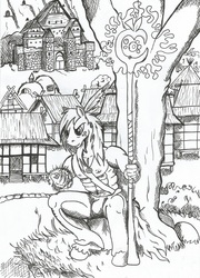 Size: 1648x2288 | Tagged: safe, artist:witkacy1994, big macintosh, earth pony, anthro, g4, crossover, heroes of might and magic, heroes of might and magic 3, male, monochrome, rampart, solo, traditional art