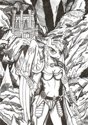 Size: 1640x2336 | Tagged: safe, artist:witkacy1994, princess luna, alicorn, anthro, g4, crossbow, crossover, dungeon, female, heroes of might and magic, heroes of might and magic 3, monochrome, solo, traditional art