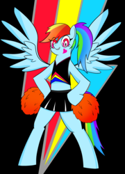 Size: 1728x2400 | Tagged: safe, rainbow dash, pegasus, pony, g4, abstract background, bipedal, cheering, cheerleader, clothes, female, mare, midriff, ponytail, simple background, skirt, solo, sports bra, standing, tattoo, wings