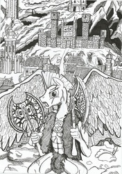 Size: 1648x2336 | Tagged: safe, artist:witkacy1994, thunderlane, pegasus, anthro, g4, axe, battle axe, black and white, crossover, grayscale, heroes of might and magic, heroes of might and magic 3, male, monochrome, solo, stronghold, traditional art, weapon