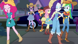 Size: 1280x720 | Tagged: safe, screencap, fluttershy, pinkie pie, rainbow dash, rarity, sci-twi, sunset shimmer, twilight sparkle, equestria girls, five to nine, g4, my little pony equestria girls: better together, bandana, boots, clothes, cowboy boots, cowboy hat, cowgirl, dress, farmer pinkie, female, hat, limousine, mailbox, overalls, serape, spurs