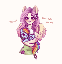 Size: 3850x4000 | Tagged: safe, artist:dressella, fluttershy, rainbow dash, butterfly, pegasus, pony, equestria girls, g4, cute, cutie mark on clothes, dashabetes, engrish, female, heart, holding a pony, lesbian, mare, pink background, ponied up, ship:flutterdash, shipping, signature, simple background, square crossover, wings