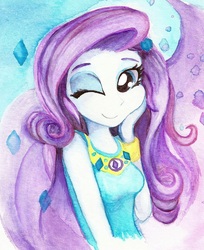 Size: 733x899 | Tagged: safe, artist:astevenamedwolf, rarity, equestria girls, g4, my little pony equestria girls: better together, female, geode of shielding, looking at you, one eye closed, solo, traditional art, watercolor painting, wink