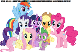 Size: 1087x734 | Tagged: safe, applejack, fluttershy, pinkie pie, rainbow dash, rarity, spike, twilight sparkle, alicorn, dragon, earth pony, pegasus, pony, unicorn, g4, female, horn, lesbian, looking at you, mane seven, mane six, mouthpiece, omniship, op is a duck, shipping, simple background, twilight sparkle (alicorn), white background