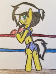 Size: 600x800 | Tagged: safe, artist:binary6, oc, oc only, oc:uppercute, earth pony, pony, bipedal, boxing gloves, boxing ring, freckles, solo, traditional art