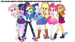 Size: 1280x720 | Tagged: safe, applejack, fluttershy, pinkie pie, rainbow dash, rarity, sci-twi, sunset shimmer, twilight sparkle, equestria girls, g4, my little pony equestria girls: better together, converse, female, geode of empathy, geode of shielding, geode of sugar bombs, geode of super strength, geode of telekinesis, humane five, humane seven, humane six, lesbian, looking at you, magical geodes, mane six, mouthpiece, omniship, op is a duck, op is trying to start shit, shipping, shoes