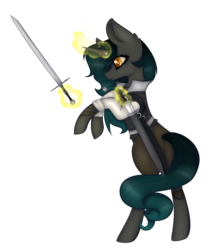 Size: 3328x4000 | Tagged: safe, artist:mimihappy99, oc, oc only, oc:amber, pony, clothes, commission, ear fluff, female, jewelry, magic, magic aura, mare, necklace, side view, simple background, sword, transparent background, weapon