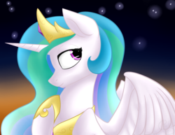 Size: 1600x1236 | Tagged: safe, artist:firepetalfox, princess celestia, alicorn, pony, g4, bust, female, looking back, mare, portrait, side view, solo, spread wings, wings