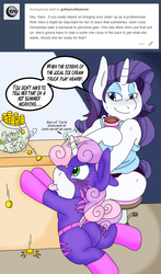 Size: 1775x3011 | Tagged: safe, artist:blackbewhite2k7, rarity, sweetie belle, pony, unicorn, g4, ask, bits, catfilly, catgirl (dc), coffee, coin, crossover, implied fluttershy, kitrina falcone, magic, money, raspberry, sitting, swear jar, sweat, telekinesis, tongue out, tumblr