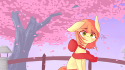 Size: 3840x2160 | Tagged: safe, artist:sexyflexy, oc, oc only, oc:ribbon, pony, blushing, cherry blossoms, cherry tree, cute, flower, flower blossom, high res, leaves, looking at you, ribbon, side view, solo, tree, wind, windswept mane