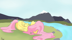 Size: 3840x2160 | Tagged: safe, artist:sexyflexy, fluttershy, pegasus, pony, g4, cute, female, high res, lying in grass, mare, mountain, on side, relaxed, relaxing, river, solo