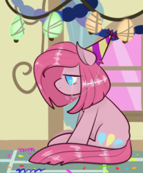 Size: 540x651 | Tagged: safe, artist:incapacitatedvixen, pinkie pie, earth pony, pony, g4, party of one, crying, female, hat, mare, no pupils, party hat, pinkamena diane pie, sad, side view, sitting, solo