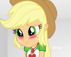 Size: 898x720 | Tagged: safe, screencap, applejack, equestria girls, equestria girls specials, g4, my little pony equestria girls: better together, my little pony equestria girls: rollercoaster of friendship, blushing, cropped, discovery family logo, female, geode of super strength, solo