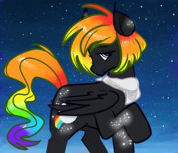 Size: 540x466 | Tagged: safe, artist:incapacitatedvixen, oc, oc only, oc:spectral night, pegasus, pony, clothes, fanart, glowing, night, rainbow hair, request, scarf, solo