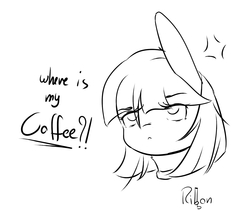 Size: 1609x1351 | Tagged: safe, artist:sexyflexy, oc, oc only, oc:ribbon, angry, black and white, coffee, cute, dialogue, grayscale, monochrome, sketch, text