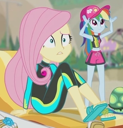 Size: 2019x2100 | Tagged: safe, screencap, fluttershy, rainbow dash, tank, aww... baby turtles, equestria girls, equestria girls series, g4, clothes, cropped, feet, flip-flops, fluttershy's wetsuit, geode of fauna, geode of super speed, high res, magical geodes, sandals, swimsuit, wetsuit