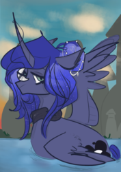 Size: 540x764 | Tagged: safe, artist:incapacitatedvixen, princess luna, alicorn, pony, g4, castle, curved horn, female, folded wings, horn, mare, moonbutt, pegaduck, royalty, solo, sparkle, sunset, swimming, water, water fowl