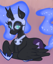 Size: 540x651 | Tagged: safe, artist:incapacitatedvixen, nightmare moon, alicorn, pony, g4, ethereal mane, female, hoof shoes, mare, ponyloaf, prone, royalty, solo, sparkle, starry mane