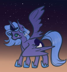 Size: 540x576 | Tagged: safe, artist:incapacitatedvixen, princess luna, alicorn, pony, g4, female, hoof shoes, mare, royalty, s1 luna, side view, solo, sparkle, spread wings, sunset, wings