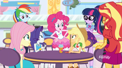 Size: 1366x768 | Tagged: safe, screencap, applejack, fluttershy, pinkie pie, rainbow dash, rarity, sci-twi, sunset shimmer, twilight sparkle, equestria girls, equestria girls specials, g4, my little pony equestria girls: better together, my little pony equestria girls: rollercoaster of friendship, canterlot mall, crossed arms, discovery family logo, drinking, female, geode of shielding, geode of sugar bombs, geode of super strength, geode of telekinesis, glasses, humane five, humane seven, humane six, ponytail, smiling