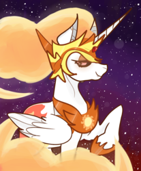 Size: 2000x2414 | Tagged: safe, artist:incapacitatedvixen, daybreaker, alicorn, pony, g4, antagonist, female, fire, galaxy, high res, jewelry, mare, raised hoof, royalty, side view, solo, stars, tiara