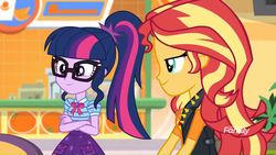 Size: 1366x768 | Tagged: safe, screencap, sci-twi, sunset shimmer, twilight sparkle, equestria girls, equestria girls specials, g4, my little pony equestria girls: better together, my little pony equestria girls: rollercoaster of friendship, geode of empathy, geode of telekinesis, glasses, lidded eyes, ponytail