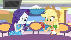 Size: 1366x768 | Tagged: safe, screencap, applejack, rarity, equestria girls, equestria girls specials, g4, my little pony equestria girls: better together, my little pony equestria girls: rollercoaster of friendship, cellphone, geode of shielding, geode of super strength, phone, smartphone