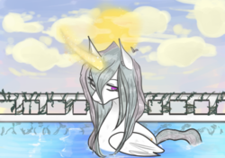 Size: 540x381 | Tagged: safe, artist:incapacitatedvixen, princess celestia, alicorn, pony, g4, cloud, female, folded wings, magic, magic aura, mare, pegaduck, royalty, solo, sunrise, swanlestia, swimming, vine, water, water fowl, wet, wet mane