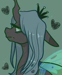 Size: 540x651 | Tagged: safe, artist:incapacitatedvixen, queen chrysalis, changeling, changeling queen, g4, bust, crown, female, green background, heart, jewelry, portrait, regalia, simple background, smug, solo