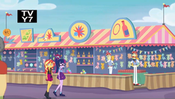 Size: 1366x768 | Tagged: safe, screencap, flam, flim, sandalwood, sci-twi, sunset shimmer, twilight sparkle, equestria girls, equestria girls specials, g4, my little pony equestria girls: better together, my little pony equestria girls: rollercoaster of friendship, background human, flim flam brothers, geode of empathy, geode of telekinesis, magical geodes, offscreen character, tv rating