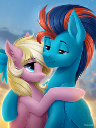 Size: 1448x1931 | Tagged: safe, artist:scheadar, oc, oc only, oc:bay breeze, oc:swiftwing, pegasus, pony, bow, couple, cute, duo, duo male and female, ear fluff, female, hair bow, hug, lidded eyes, male, mare, oc x oc, shipping, smiling, stallion, straight, sunset, swiftbreeze, wings, ych result