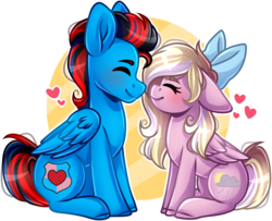 Size: 1989x1619 | Tagged: safe, artist:grapegrass, oc, oc only, oc:andrew swiftwing, oc:bay breeze, pegasus, pony, boop, bow, couple, cute, duo, duo male and female, eyes closed, female, folded wings, hair bow, heart, male, mare, oc x oc, shipping, side view, simple background, sitting, smiling, stallion, straight, swiftbreeze, transparent background, wings