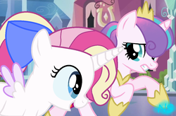 Size: 1022x672 | Tagged: safe, artist:baconforbreakfast426, princess flurry heart, oc, oc:blizzard heart, pony, g4, base used, female, offspring, parent:princess cadance, parent:shining armor, parents:shiningcadance, sisters, story included