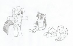 Size: 1519x956 | Tagged: safe, artist:thekman100, pinkie pie, twilight sparkle, earth pony, pony, unicorn, g4, bipedal, female, for science, half, lineart, magic, mare, modular, monochrome, partial body swap, pencil drawing, quill pen, scroll, telekinesis, traditional art