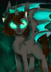 Size: 2480x3508 | Tagged: safe, artist:php70, oc, oc only, bat pony, changeling, bat pony oc, changeling oc, chest fluff, glowing eyes, half changeling, high res, looking at you, solo