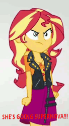 Size: 394x720 | Tagged: safe, edit, sunset shimmer, equestria girls, equestria girls series, g4, rollercoaster of friendship, angry, animated, catasterism, female, gif, rageset shimmer, red face, sunshine shimmer, supernova, text edit, this will end in death, turns red, uh oh, you are already dead