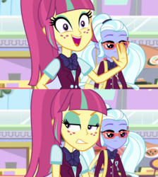 Size: 960x1072 | Tagged: safe, screencap, sour sweet, sugarcoat, equestria girls, equestria girls specials, g4, my little pony equestria girls: dance magic, bipolar, bowtie, clothes, crystal prep academy uniform, faic, freckles, pigtails, ponytail, school uniform, twintails