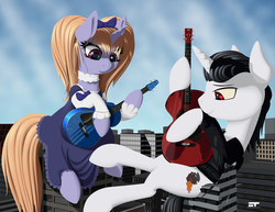 Size: 3300x2550 | Tagged: safe, artist:styroponyworks, oc, oc only, pony, unicorn, acoustic guitar, bass guitar, city, clothes, commission, dress, duo, giant pony, high res, macro, musical instrument